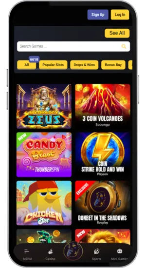 Casino lobby search showing Big Bass slots
