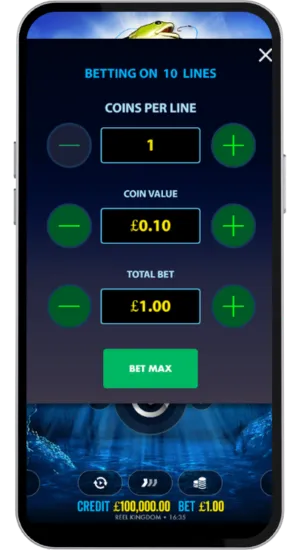 Bet size selector from £0.10 to £250 per spin in Big Bass Bonanza game