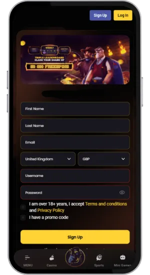 Registration form and deposit screen in GBP for Big Bass Bonanza casino