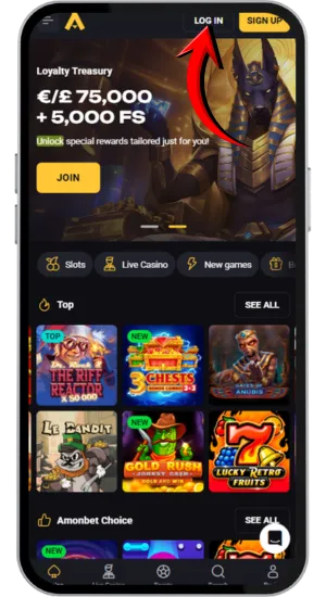 Tapping Log In button on casino homepage